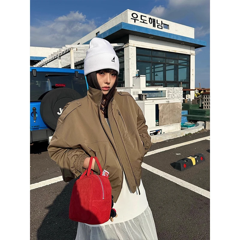 美式复古短款立领夹克外套女2025秋季新款设计感小众休闲宽松上衣