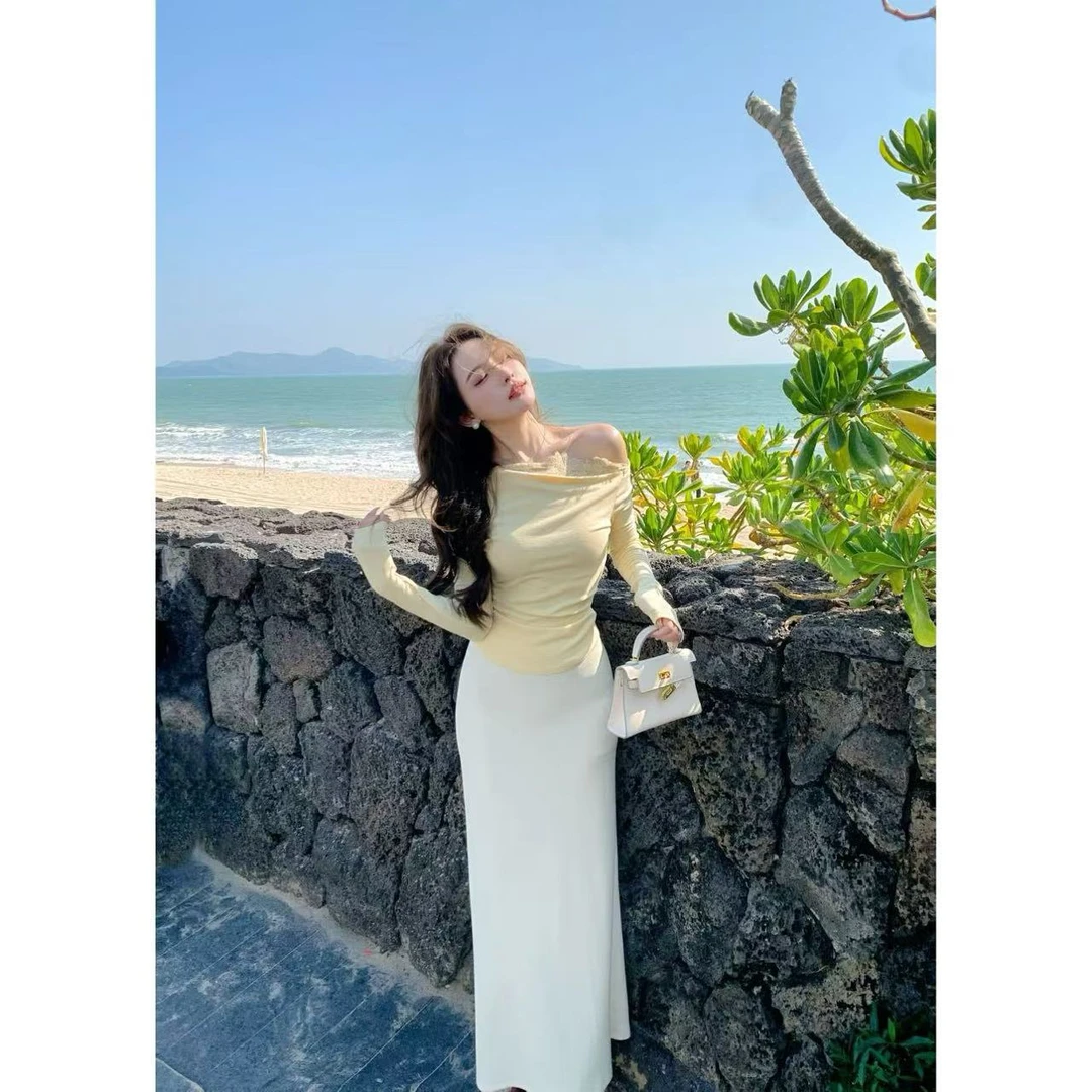 SZA【春风十里 】春季新款斜边弹力修身上衣高腰半身裙套装A-1518