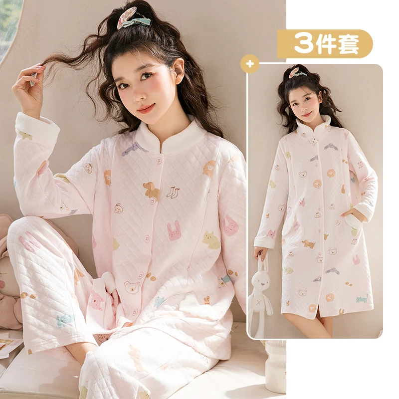 家时光月子服冬季加厚加绒孕妇睡衣纯棉产妇喂奶家居服待产裙7442