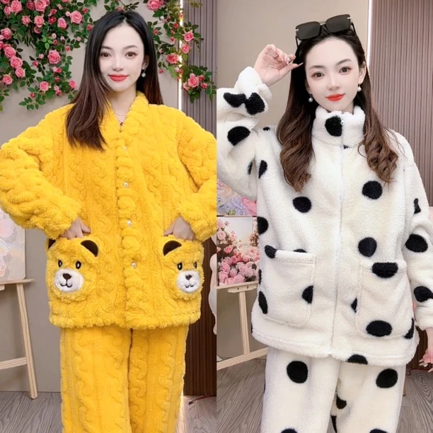 2025新款春秋冬季小熊加绒加厚保暖睡衣宽松套装可外穿家居服