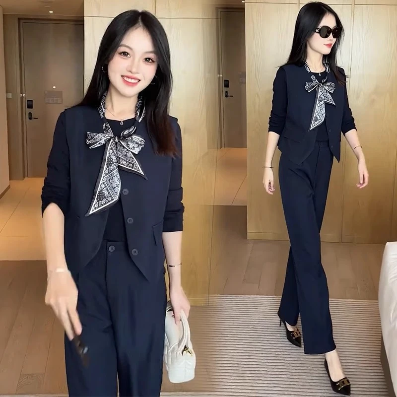 时尚套装女2025秋季新款洋气显瘦西装马甲背心打底衫阔腿裤三件套
