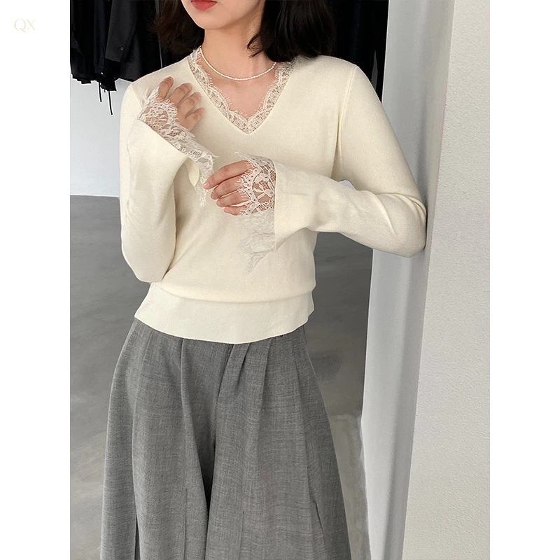 叠穿bi备米白色蕾丝边针织衫女2025秋季新款v领打底衫