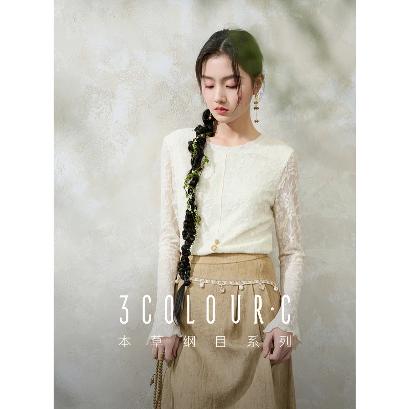 三彩【白芷清风】2025春季新款新中式蕾丝衫衬衣圆领长袖女上衣C