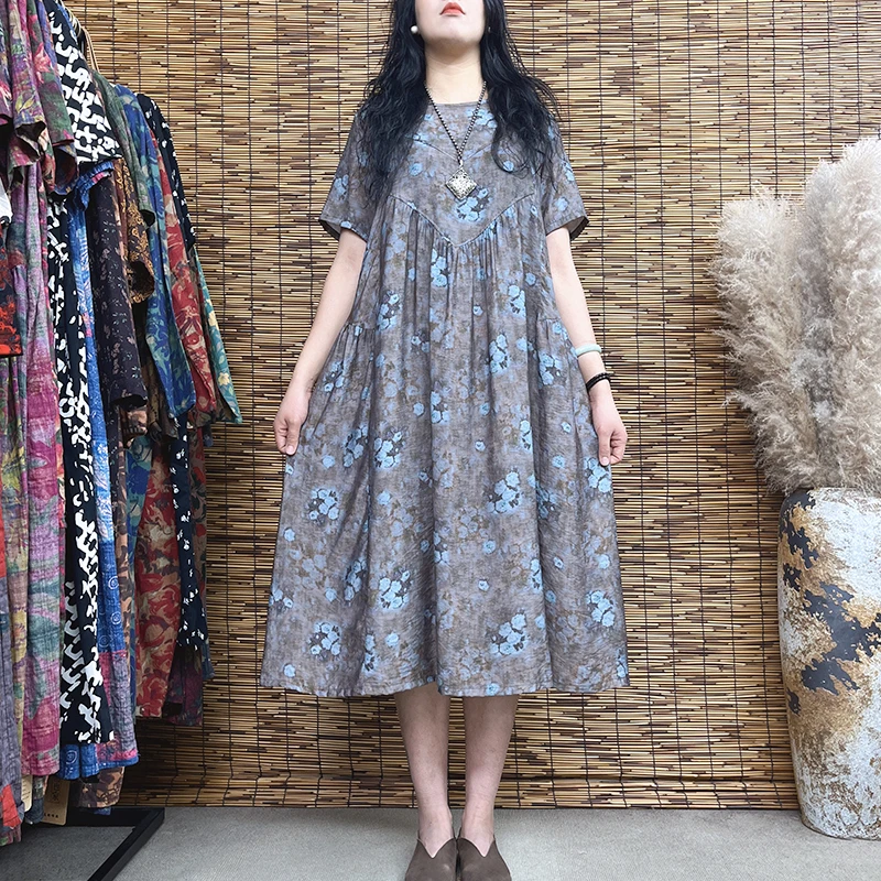2850#夏季女装复古妈妈装时尚文艺民族风大码拼接过膝宽松连衣裙