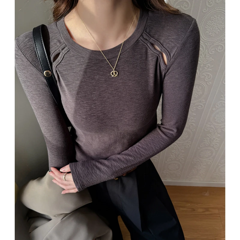 设计感韩系简约打底衫女内搭秋冬高级感修身短款上衣正肩长袖t恤