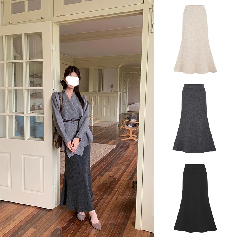 韩系新款黑色高腰气质中长款半身裙女秋冬时尚气质显瘦鱼尾裙
