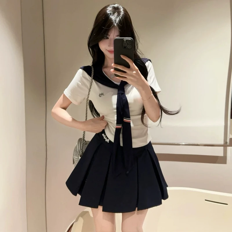 【冰川蓝调】辣妹基础修身t恤短袖两件套原创设计感上衣内搭