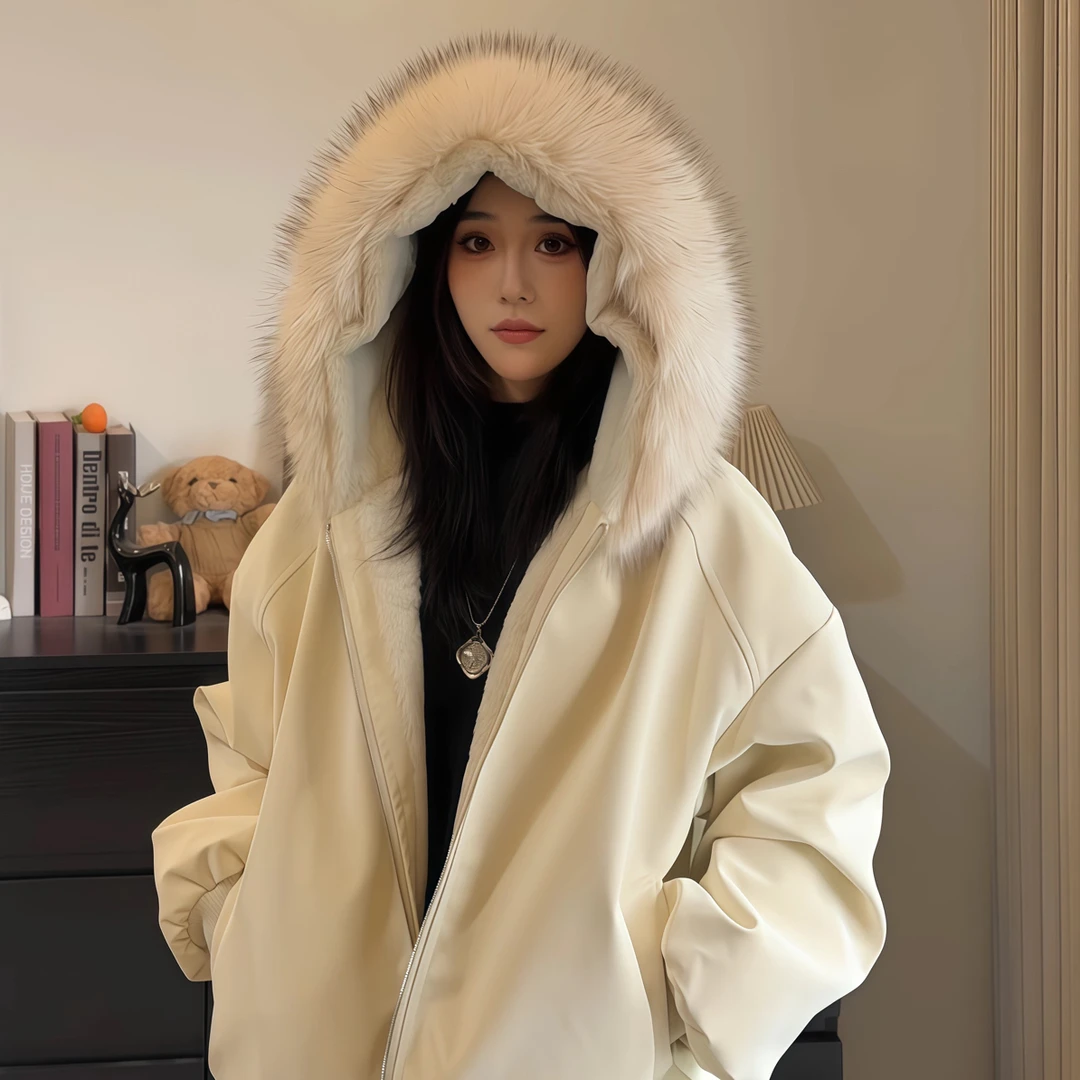 5775 拼接毛毛耳朵连帽加绒派克服外套找版