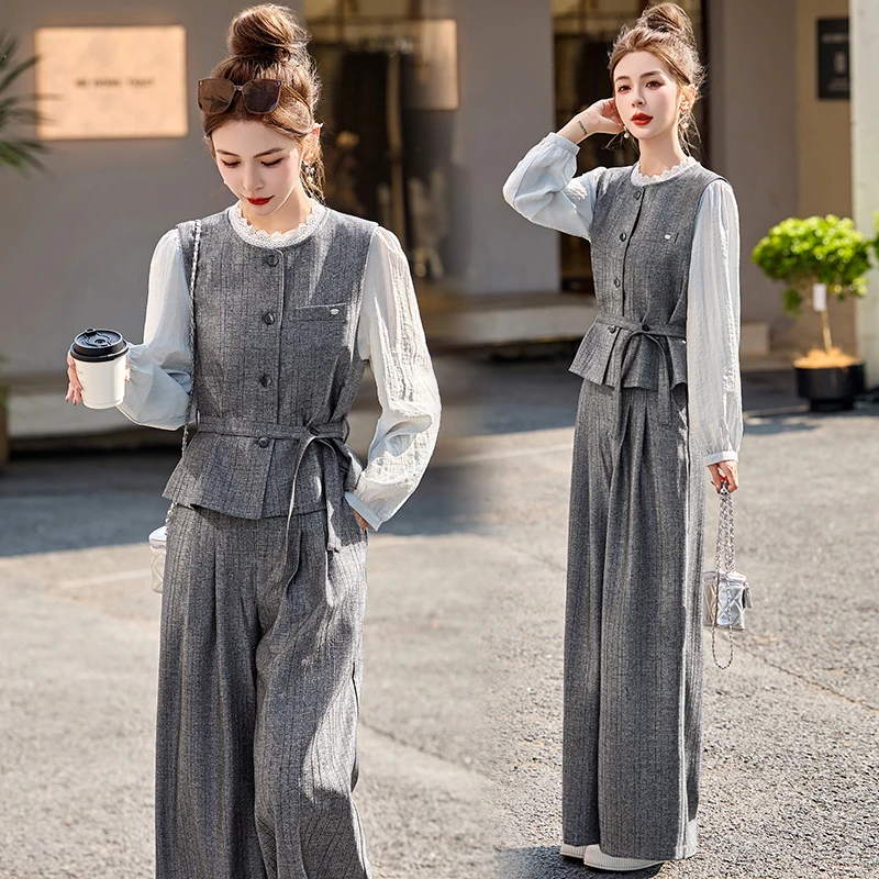 小香风马甲衬衫阔腿裤三件套女春装2025新款时尚气质洋气休闲套装