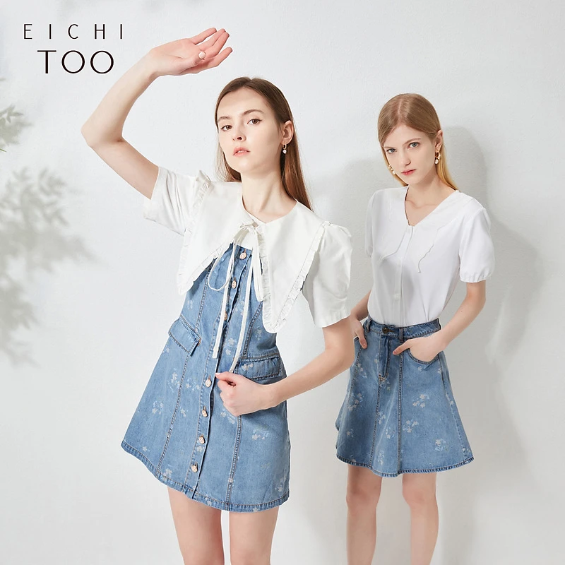 A爱居兔女装印花牛仔拼接可拆洗披肩连衣裙EQLBJ2M086A