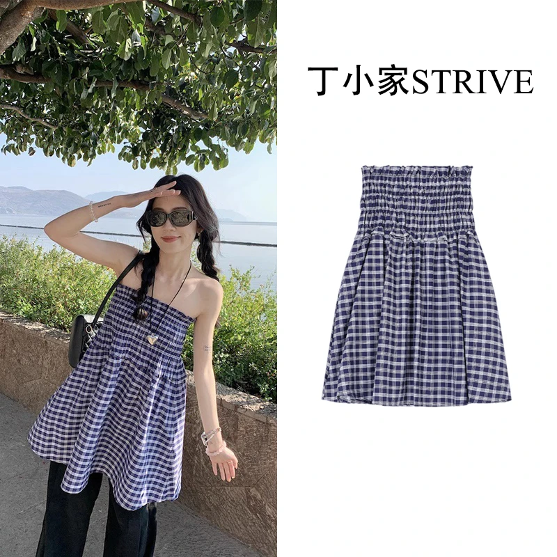 【LIULIU】蓝色格纹纯欲两穿半身裙夏季ins风抹胸连衣裙设计感a字裙