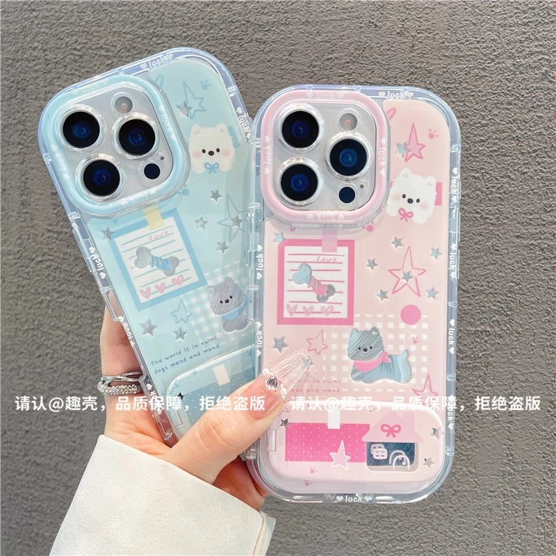 星星格纹狗狗镜面支架适用苹果16手机壳华为vivo小米OPPO新款潮流