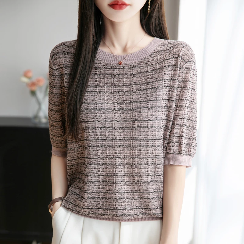 品牌圆领针织女毛针织衫天丝短袖上衣镂空上衣显瘦气质宽松上衣