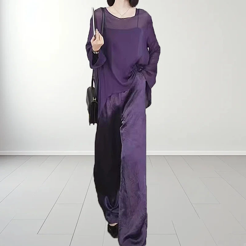 欧货设计感宽松紫色时尚套装女夏季防晒长袖气质薄款洋气三件套装