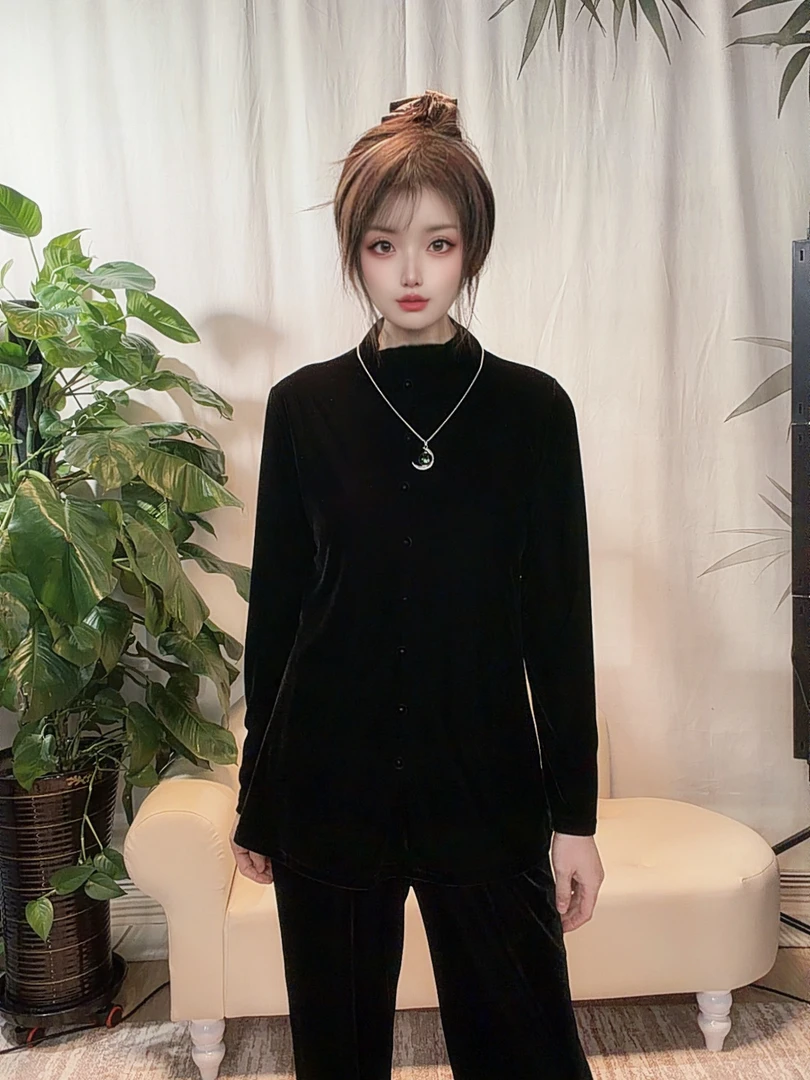 2025冬季V领高领时尚百搭修身显瘦洋气长袖打底衬衫丝绒上衣国风