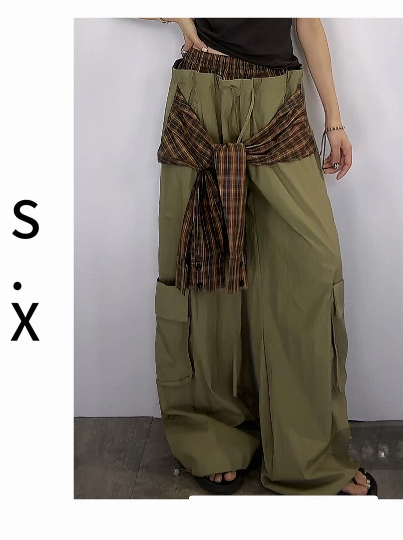 S.X 2025夏新款设计感拼接格子工装风阔腿裤