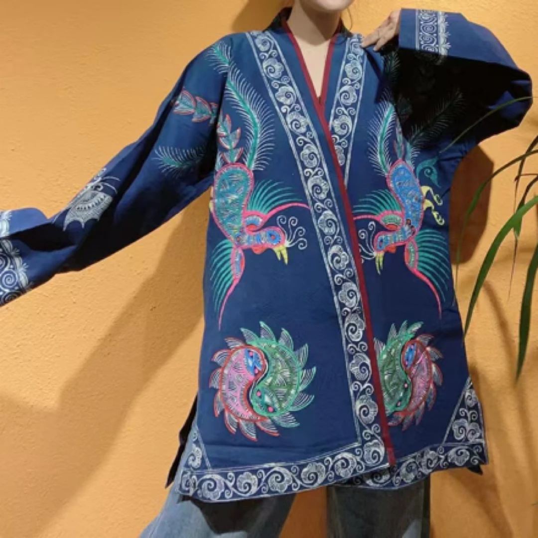 民族风手工植物染蜡染彩蜡外套