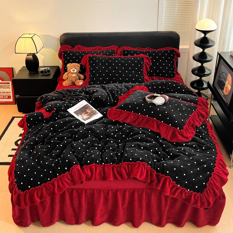 2025新款舒适花边牛奶绒床裙四件套夹棉加厚床盖床单毛绒珊瑚绒女