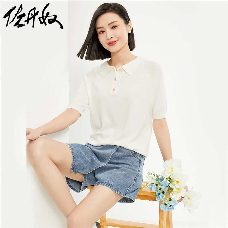 佐丹奴针织衫女装彩虹纽扣毛织翻领插肩短袖针织衫 05354304