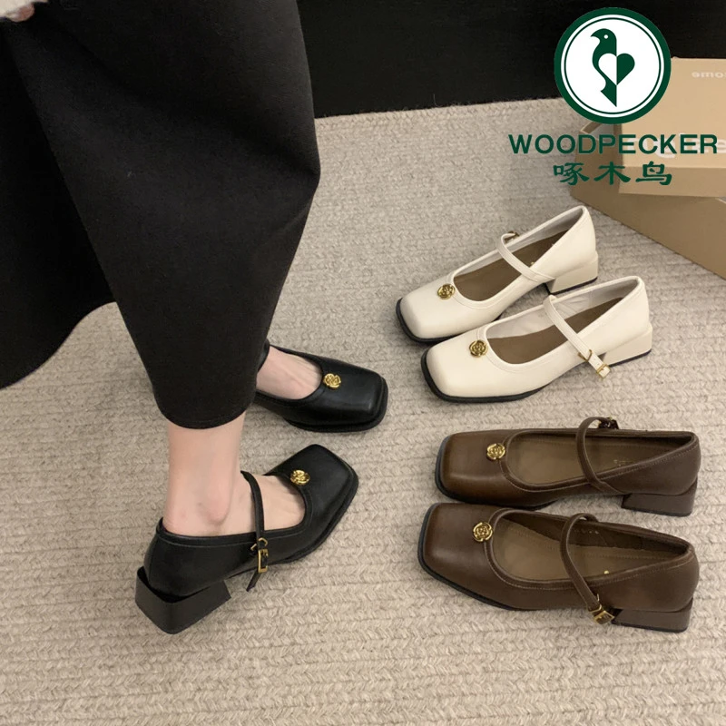 啄木鸟2025年春季新款玛丽珍鞋方头浅口一字带粗跟法式百搭单鞋女