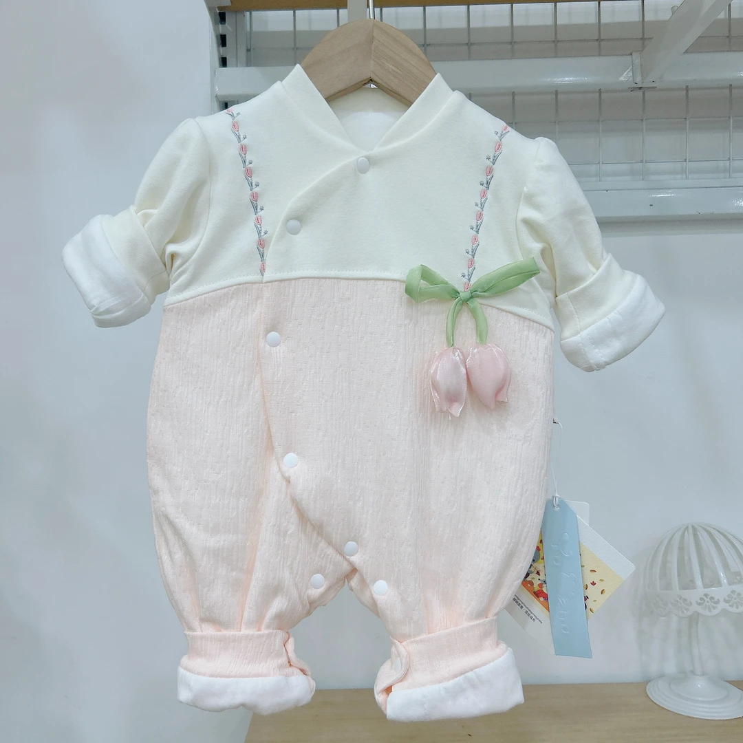 秋季薄棉新生婴儿女春秋哈衣女宝宝婴儿汉服连体衣婴儿花边秋