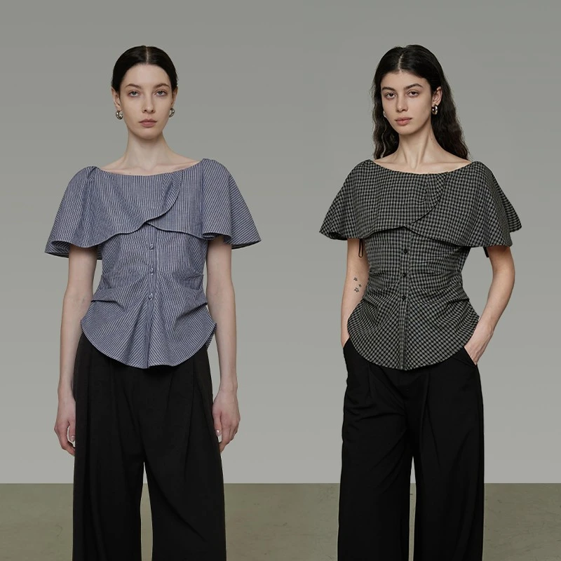 UNSPOKEN【一字肩花边领口 气质慵懒感】条纹短袖衬衫UX25S140