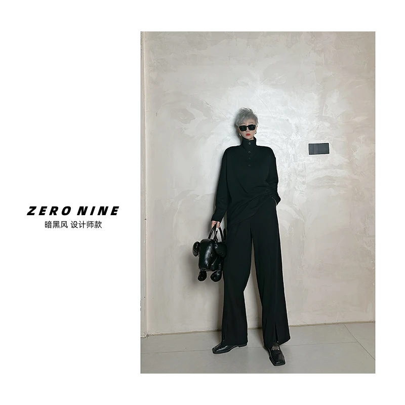 DanDan 黑色高领老钱慵懒风长袖卫衣女