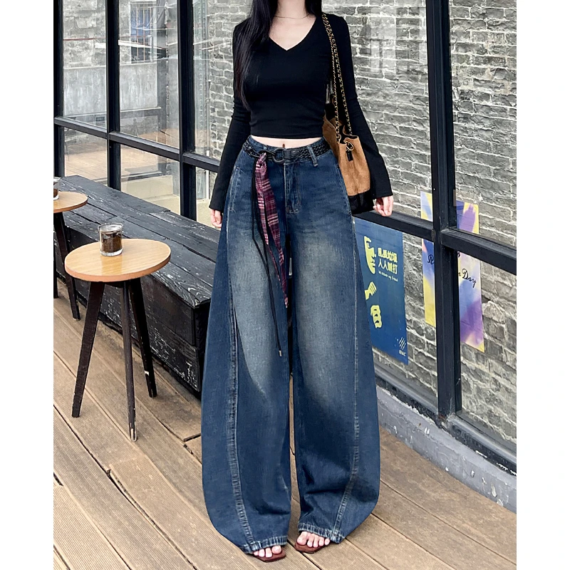 复古弯刀阔腿牛仔裤女2025秋季新款高腰宽松显瘦小个子直筒拖地裤