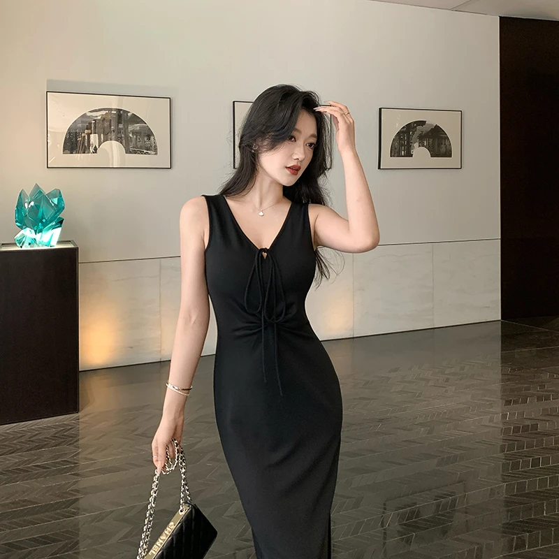 林关关【曼妙婀娜】气质V领绑带背心连衣长裙春夏季修身显瘦裙子