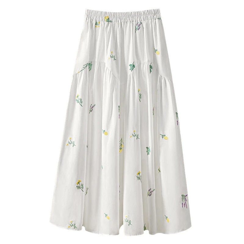 她池2025夏季新款女装松紧腰拼接中长款优雅碎花半身裙T52X2195B