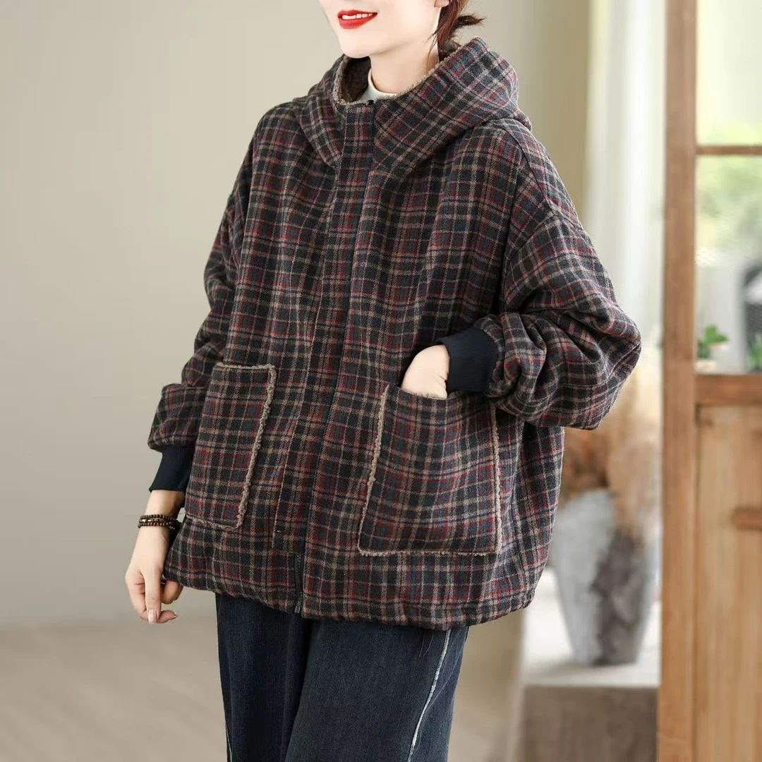 格子羊羔绒显瘦加厚连帽外套2025年冬季新款加绒双面穿上衣棉衣女