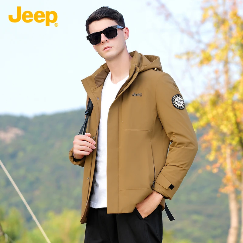 JEEP吉普冬季新款男士羽绒服纯色连帽防寒保暖羽绒外套男159-160