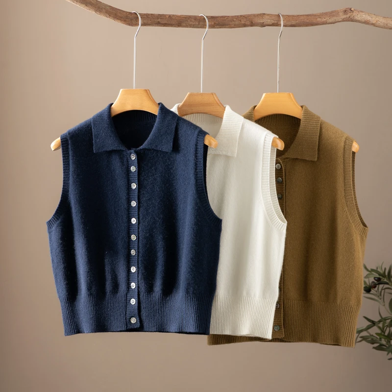 新品女款14针加密100%山羊绒单排扣Polo领背心马甲