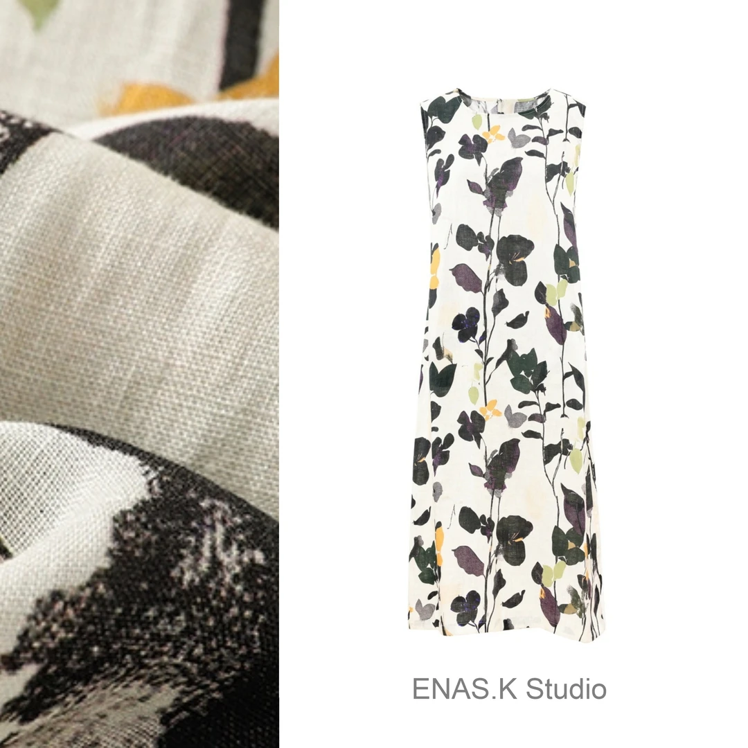 墨韵繁花文艺亚麻印花度假长裙无袖连衣裙大码显瘦气质夏季时尚