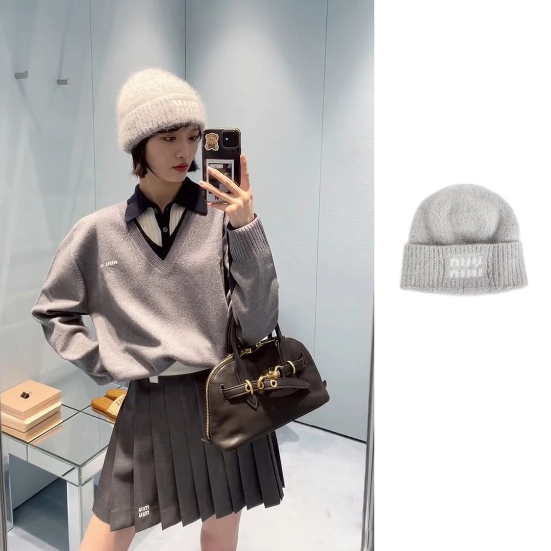 未使用 MIU MIU/缪缪 灰色徽标羊毛冷帽 5HC378-2CQD-F0031