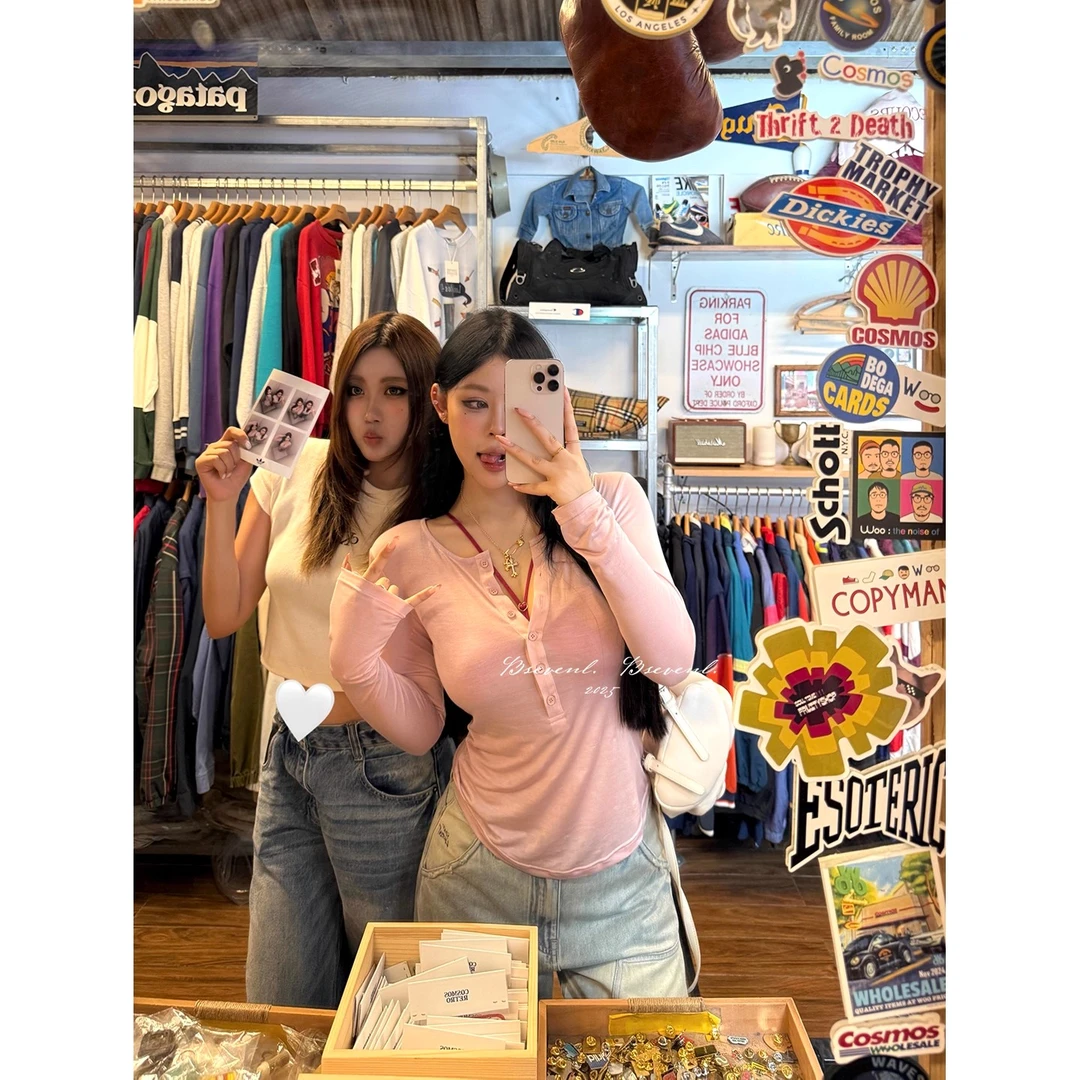 粉色半开V领长袖T恤女早秋季内搭打底衫纯欲辣妹修身显瘦短款上衣