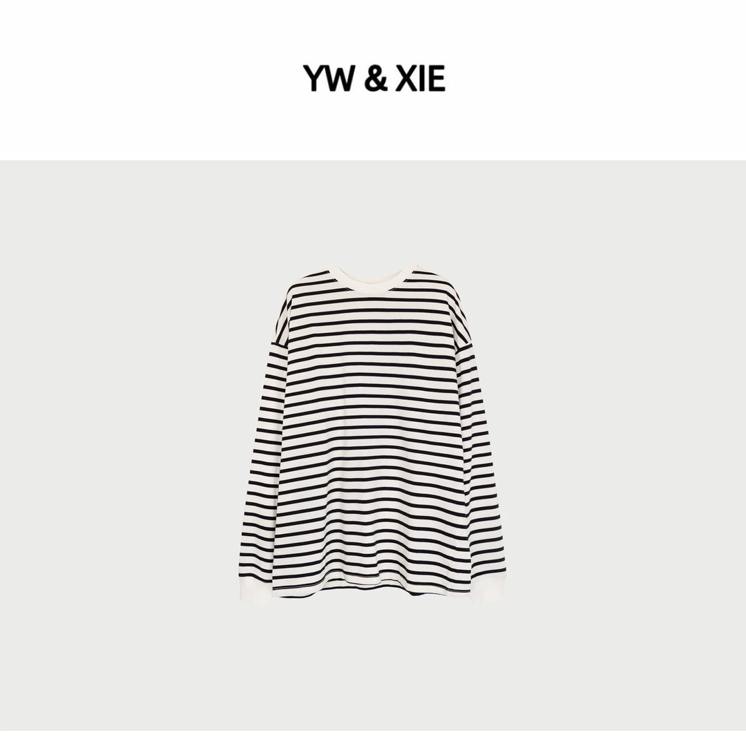 YW&XIE<Q908>经典条纹宽松休闲百搭廓形圆领撞色长袖卫衣T恤