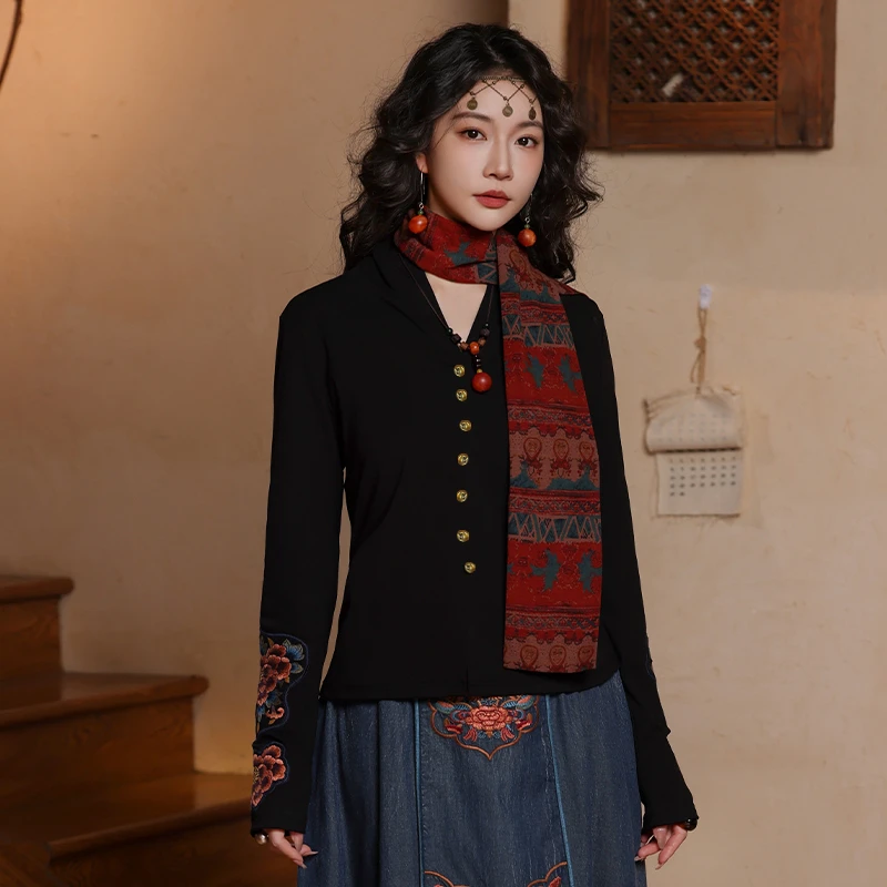 【可可原创】2025春季民族风长袖t恤女新中式重磅刺绣内搭上衣B9396