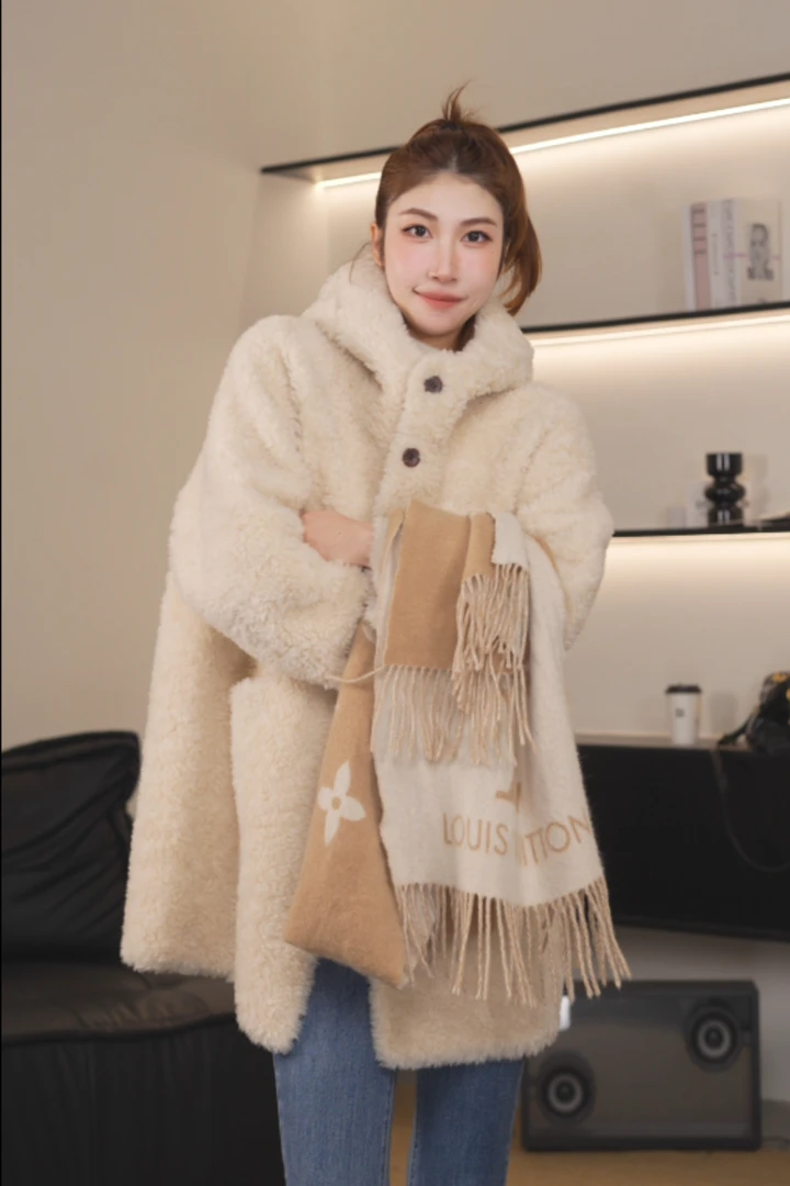 【小鹿斑比】100绵羊毛冬季慵懒宽松阔版长款保暖连帽大衣韩版外套