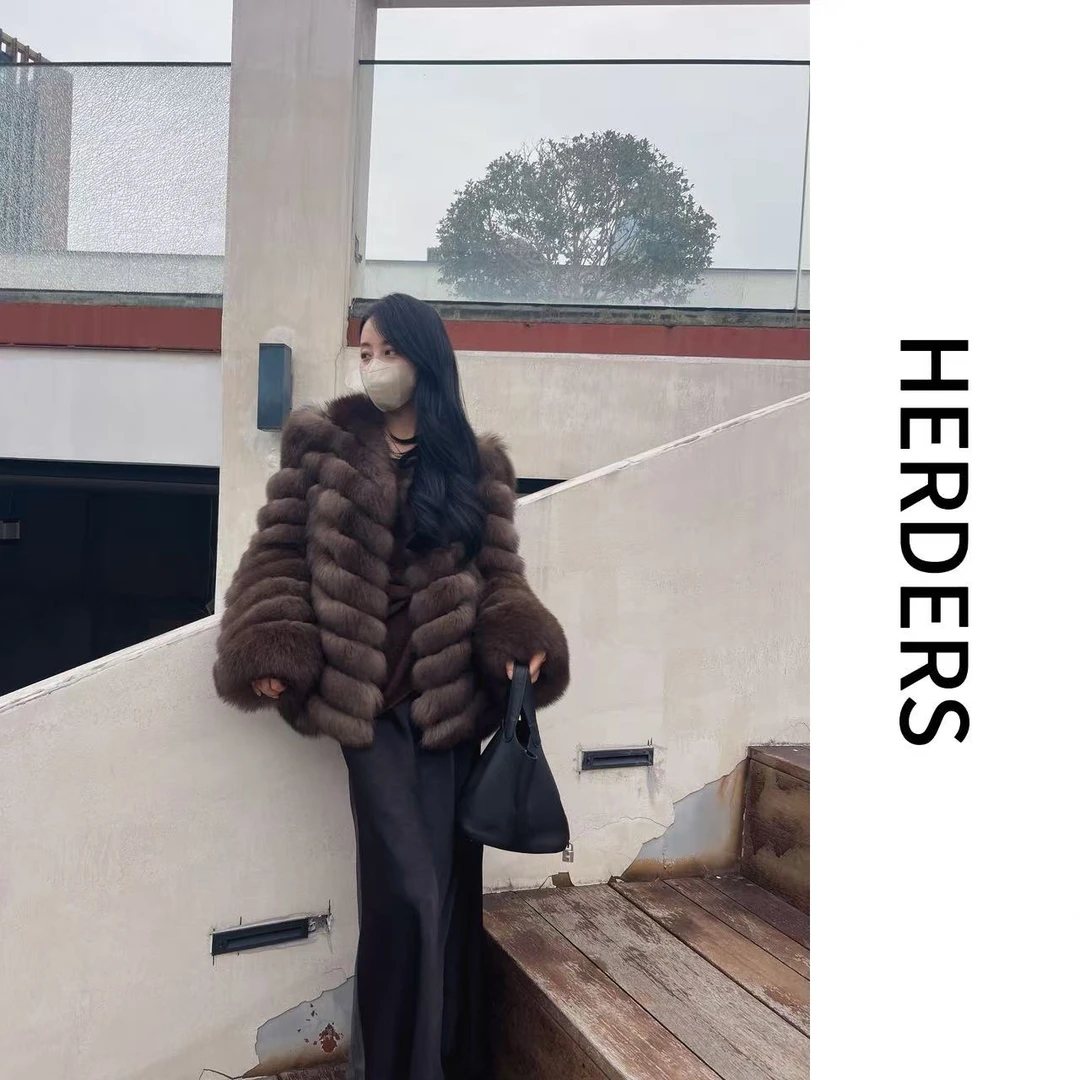 HERDERS 短款V领条纹狐狸毛外套 50807