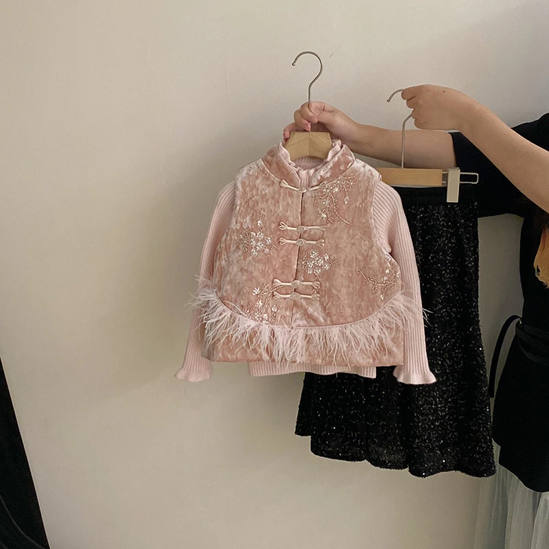 【安安家】女童秋冬新中式丝绒马甲花边毛衣亮片裙子三件套潮R25572