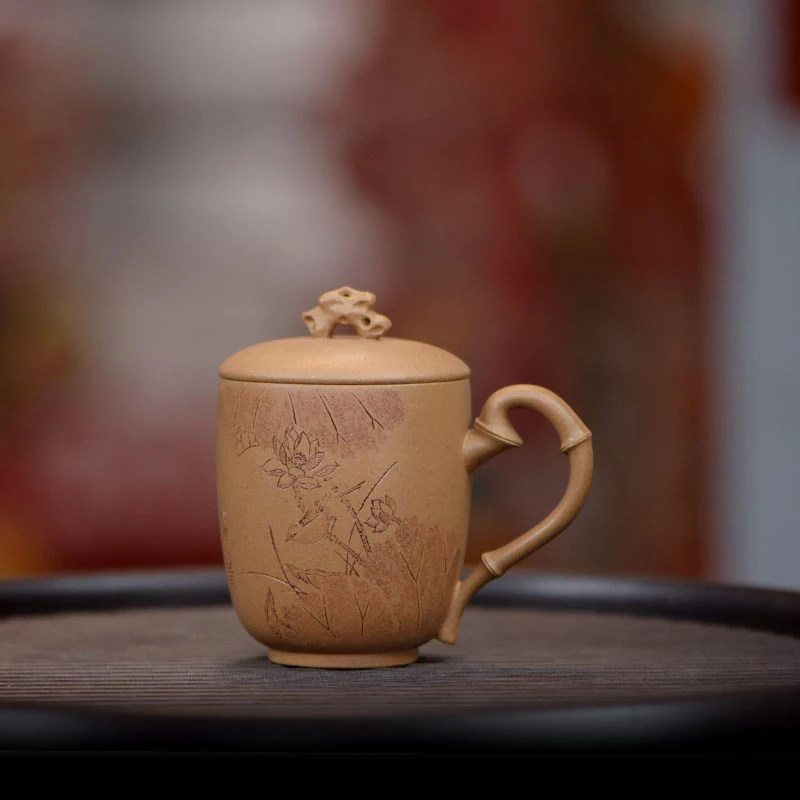 阎记抟砂 老宕口黄金段 全手 太湖石钮 EE 竹节盖杯 S88 0108 16