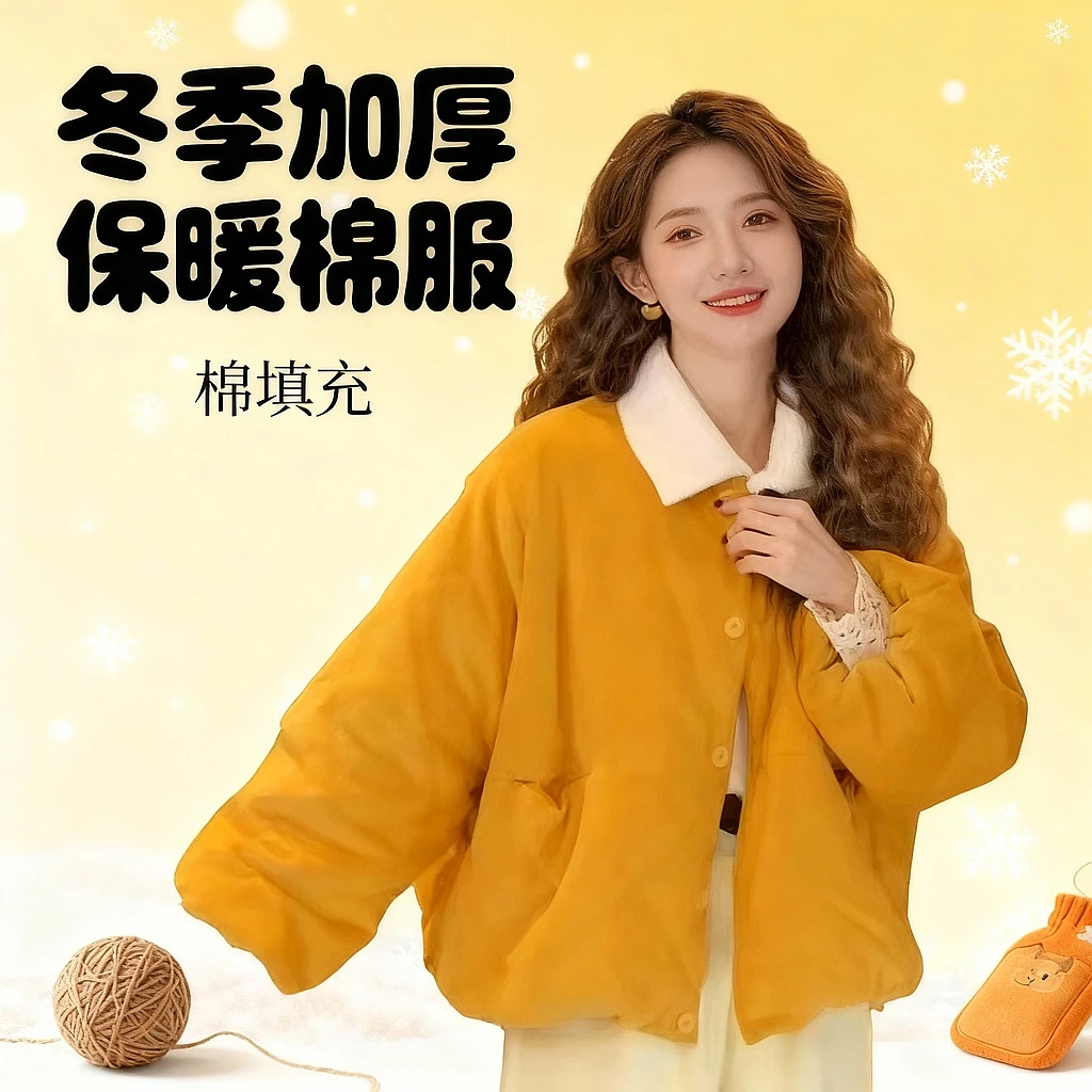 冬季加厚保暖圆领菱格棉服女宽松复古高级感长袖慵懒复古棉衣外套