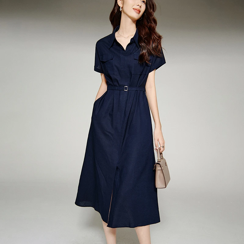 晚白2025夏季高级感轻熟翻领弹力休闲通勤显瘦短袖连衣裙25062310