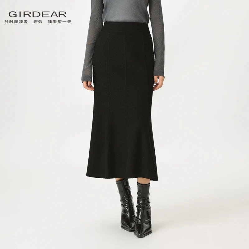 GIRDEAR/哥弟步步生花中长款鱼尾裙绵羊毛优雅通勤半身裙120030