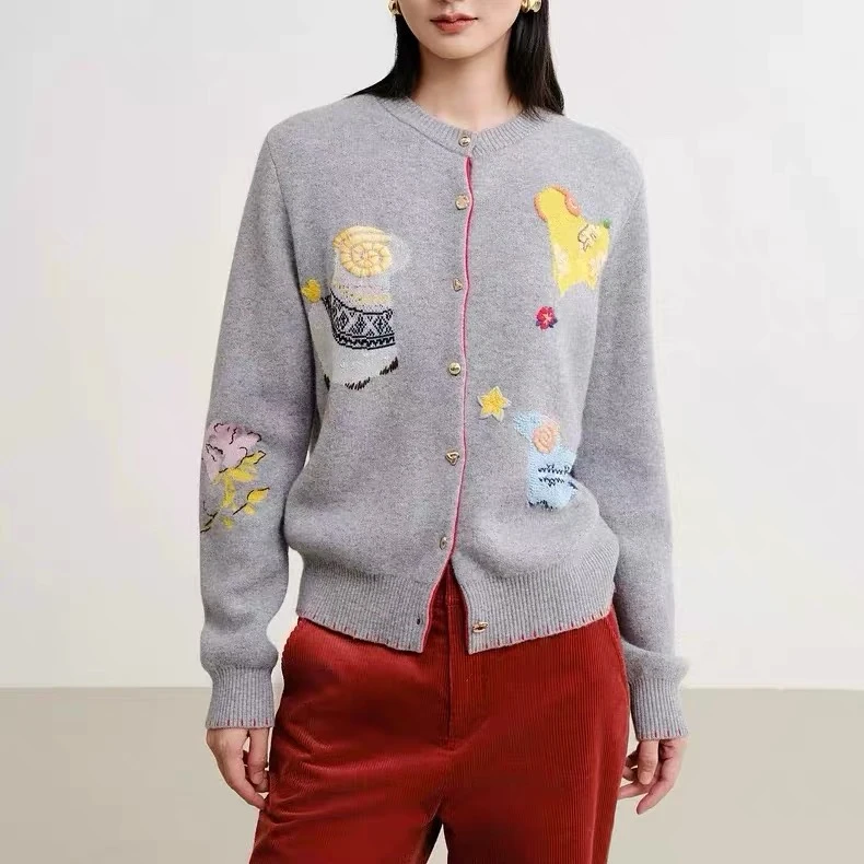 【羊驼】秋冬新款小众个性卡通玩偶贴布轻熟法式针织开衫3015