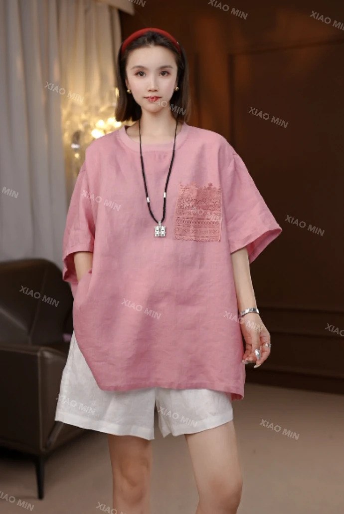 2025夏季新款百搭圆领蕾丝重工后背镂空纯亚麻上衣女2520