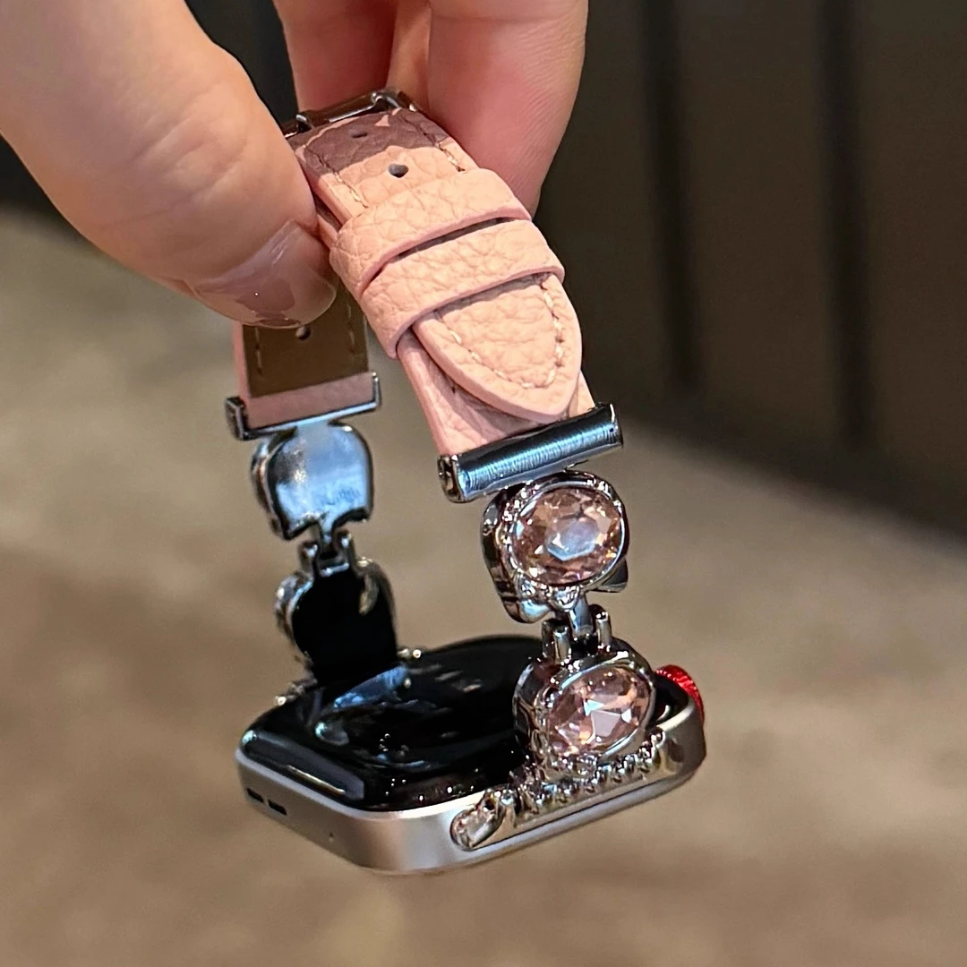 适用华为气质感kt镶钻荔枝纹皮质手表表带GT45watch34FIT3FIT4Pro
