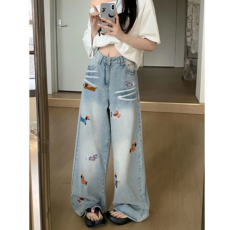 【现现专场】夏新款腊肠狗刺绣阔腿裤大码胖mm高腰巨显瘦牛仔裤