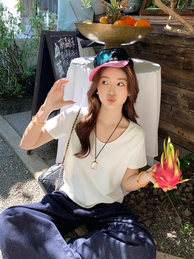 HHQueen白t恤女短袖U领高弹2025春夏新款遮肚子显瘦内搭纯色上衣